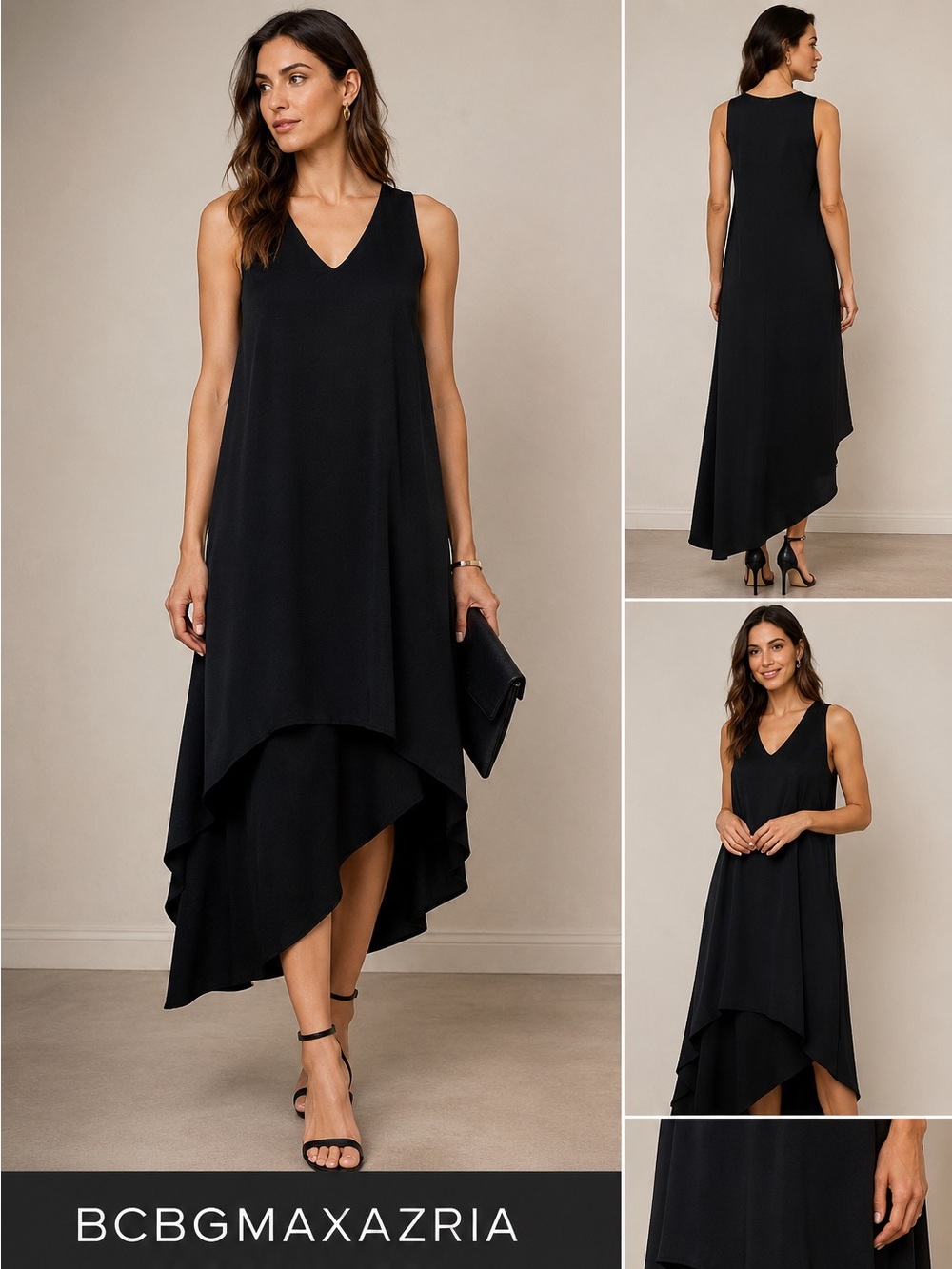 BCBGMaxAzria Black Sleeveless V-Neck High-Low Hem Dress
